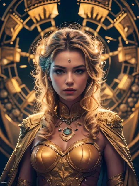 a woman with a beautiful face, flowing long hair, glowing golden skin, wearing a flowing golden dress, sitting on a throne made of bitcoin symbols, surrounded by a futuristic digital landscape with glowing neon lights, floating bitcoin symbols, and a starr...