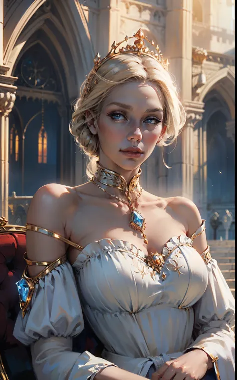 Fantasy, 19th century, empress, woman, delicate face, pale blonde hair, blue eyes, in a white royal dress with open shoulders, gold patterns on fabric, crystal jewelry, with a scarlet ribbon over the shoulder with the regalia of the monarch, Gothic castle ...