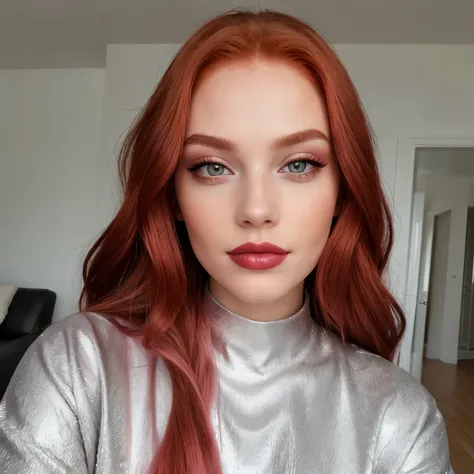 a beautiful influencer with long red hair, hazel eyes and full pink lips, wearing silver