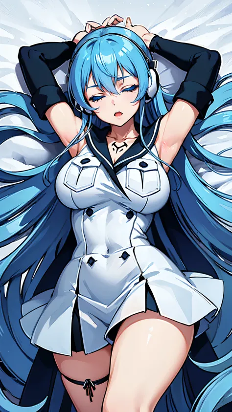 (artwork, best quality) a girl with long blue hair, closed eyes, blue eyelashes, white sailor suit, big breasts, perfect body, beautiful eyes, good waist, tattoo, screaming with joy, arms and legs open, listening to music with a headset, lying in the snow