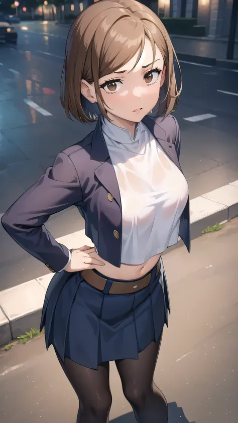 nobarakugisaki, nobara kugisaki, bob cut, (brown eyes:1.7), brown hair, lips, short hair, BREAK belt, brown belt,stockings,white crop top, crop top overhang,wet crop top, pleated skirt, medium skirt,shirt tucked in, skirt, blue skirt,skinny fit, BREAK look...