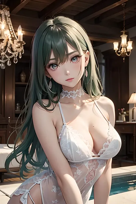 masterpiece,Ultra-high resolution、Highest quality、Sexy pose、Healthy girls、Under the chandelier、Thin white lace long camisole：1.5、Wet white see-through dress、Black lingerie shows through、choker、Delicate green hair:1.2、straight long hair:1.2, eyeliner、Pink g...