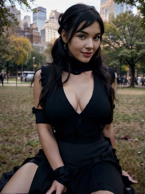 beautiful girl that looks like Bettie page, smile, updo, ponytail hair, black long maxi-skirt(black long maxi-skirt:1.2), black satin gloves,high boots, ((and a long woolen vest )), flirting with the camera, hand bag on her shoulders, sitting on teh grass ...