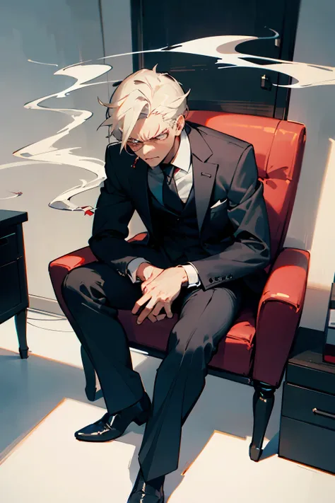 demonic being with a serious look but with an expression of anger, in an office sitting in a chair with an elegant suit(smoking)