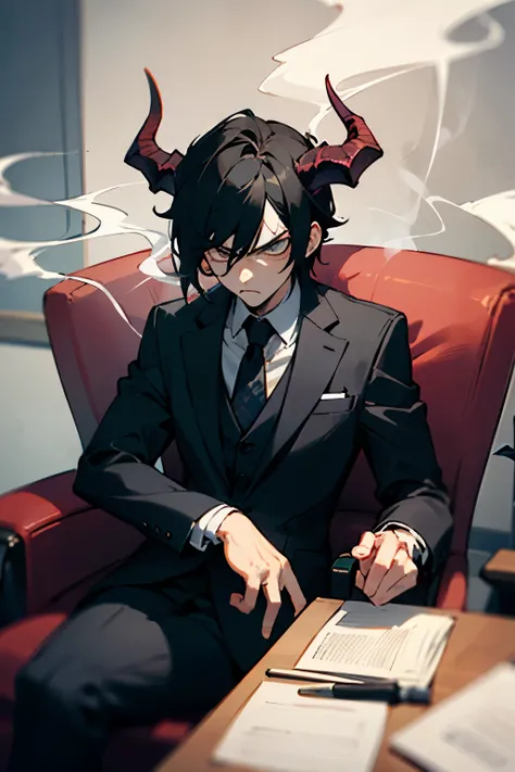 demonic being with a serious look but with an expression of anger, in an office sitting in a chair with an elegant suit(smoking),black hair and horns