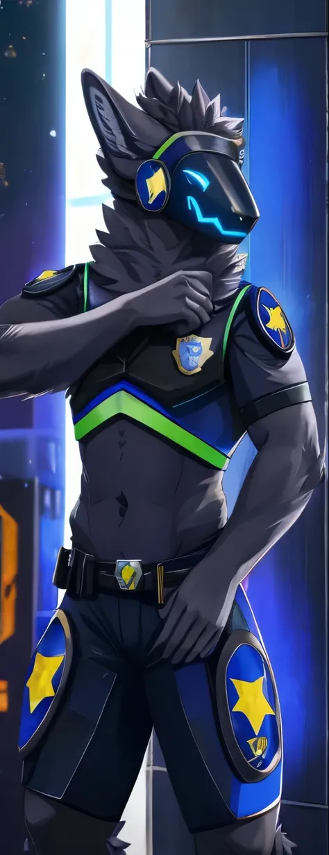 furry, protogen, police, furry police, furry sheriff, future, The Gun of the Future, gun holding pose, dark background