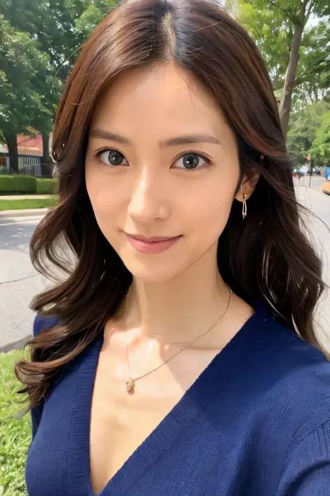 (High reality photograph, high resolusion, detailed face, detailed eyes) Skinny Japanese lady, 30 years old, cute face, solo:1, skinny figure, long wavy hair, a tight knit dress, waist-up photo