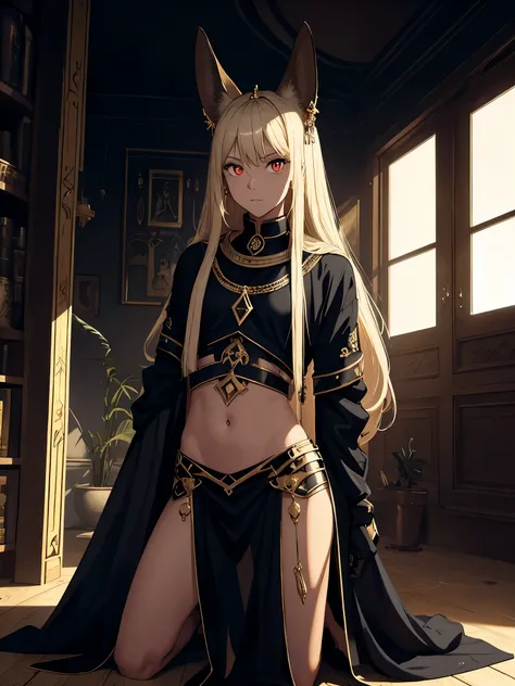 Man! Darker Boy! Death god Anubis stands in the middle of the picture. Egyptiane Gottheit Anubis. He looks like a teenage boy. Egyptiane Kleidung in schwarz. Long ash blonde hair. Lots of gold jewelry. Slightly darker skin. Desert. Egyptian. Black Eye and ...