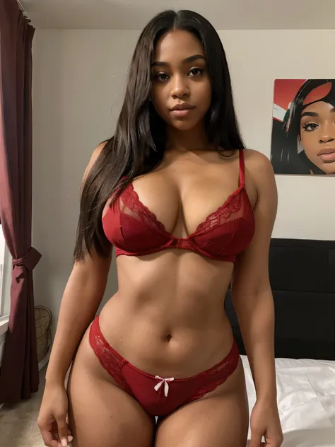 
Black girl , straight hair , big eyes , brown eyes , thick body, sexy body ,wearing red lingerie and short pants 