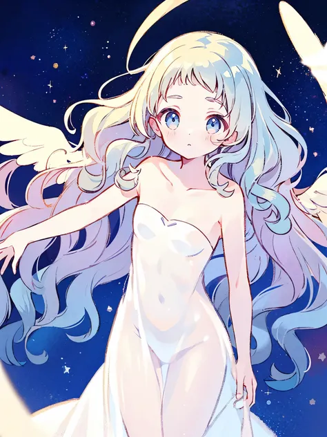 nude angel girl wearing an ethereal translucent dress, pale skin, ((blue mint wavy hair)), white feathers, angel wings, sparkling detailed eyes, golden ratio face, perfect composition, highly detailed, ethereal, (starry night sky background), midjourney st...