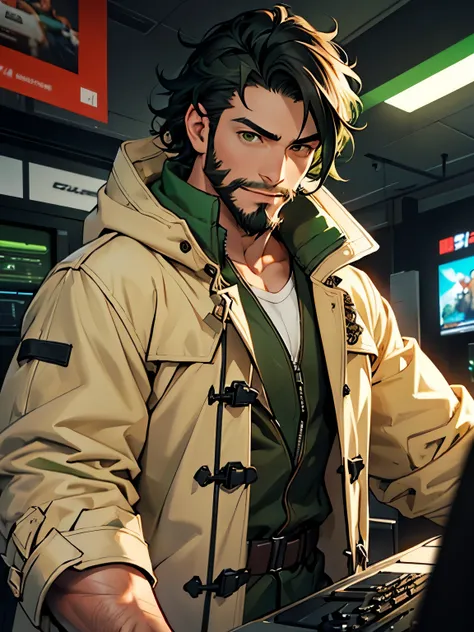 man, 25 years, (((short black hair))), waved hair, white skin, (brown eyes), gamer, (((lite green coat))), happy, short beard