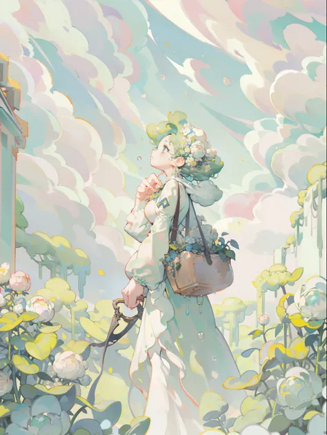 Epic CG matte painting, Wide view, Pale green clouds, borgar, A garden full of flowers on the clouds, A few drops of water fell from the clouds, A sea of pale green roses, high-definition image, illusory engine, ArtStation 4k HD trend