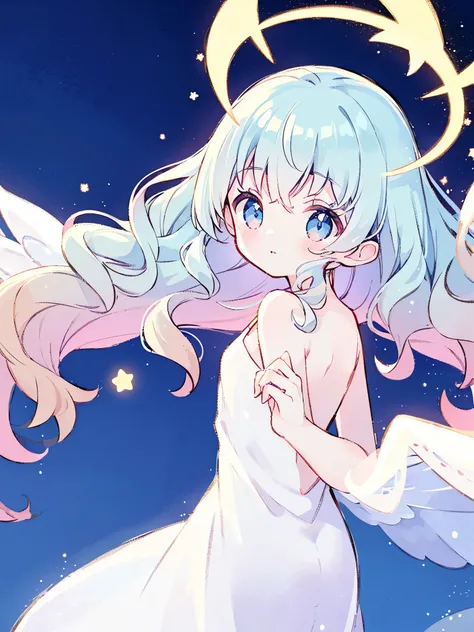 nude angel girl wearing an ethereal translucent dress, pale skin, ((wavy blue white gradient hair)), white feathers, angel wings, sparkling detailed eyes, golden ratio face, perfect composition, highly detailed, ethereal, (starry night sky background), mid...