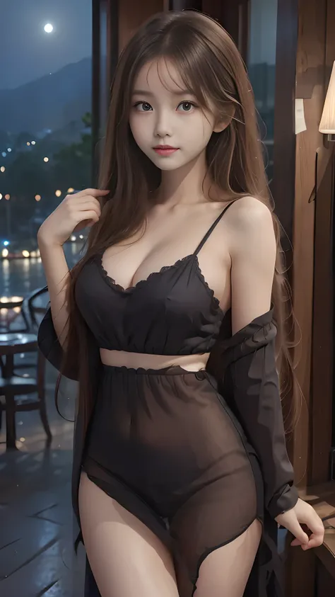 full hd 8k, Girl standing in front of a dark night scene, full moonlight reflecting on her beautiful face. Her long, silky hair was gently blown by the night wind, creating a gentle and romantic feeling. She is walking on a large beach. She looked up at th...