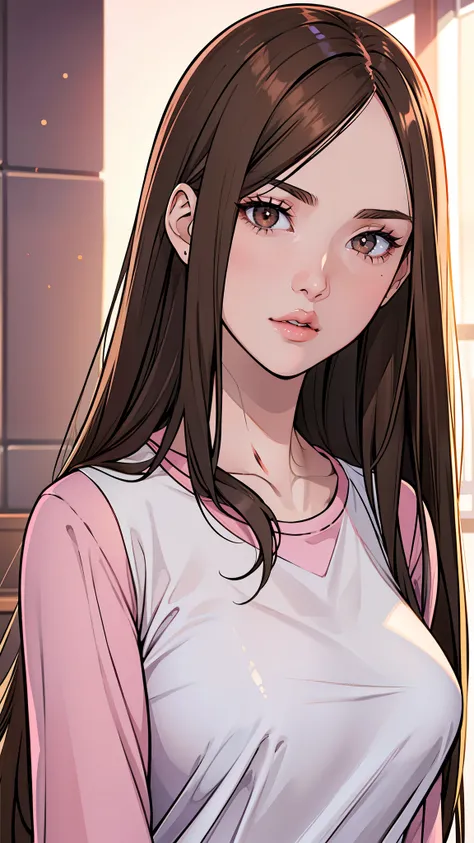 girl, long straight brown hair, brown eyes, sharp features, white skin, bright pink lips, perfect, t-shirt, jacket