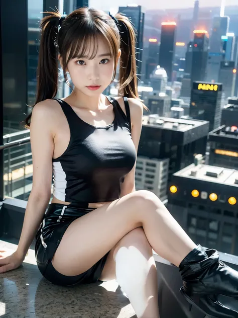 Top quality, 1 beautiful woman, ((Twintails)), wearing tank top, mini skirt, ((fair-skin)), sitting, 30mm lens, f/1, Moody Lighting, (from_above:1.3), at Futuristic cyberpunk city