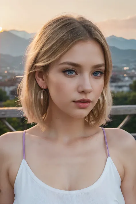 (Best quality)), ((masterpiece)), (detailed), Beautiful girl, blonde hair, Blue eyes, plump and red lips. In the ears are not large earrings with small blue stones. Long eyelashes. looks straight into the camera. hair cut short. Dressed in a white top. In ...