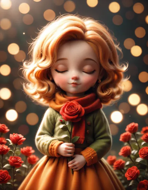 1girl,maozhan, felt style,the image showcases a whimsical doll with golden hair,closed eyes,and a scarf,seated on a spherical ob...