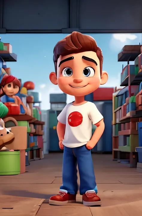 a small WAREHOUSE worker , 45 years, big head, short hair, Oval face，SMILE，fit, high, with a red work helmet ，He wears a dark blue t-shirt, dark blue jeans and black shoes.，toy figures, Best Quality, 3d cartoon，full body view, Fancy, dreamlike, surrealism,...