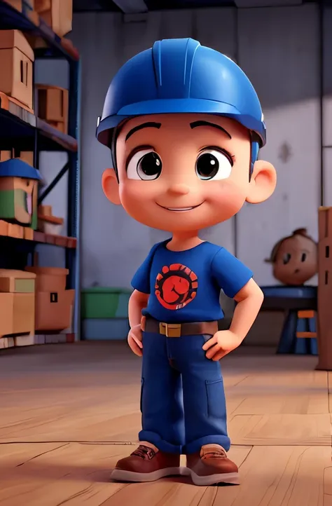 a cute little WAREHOUSE worker , 45 years, big head, short hair, Oval face，SMILE，fit, high, with a red work helmet ，He wears a dark blue t-shirt, dark blue jeans and black shoes.，toy figures, Best Quality, 3d cartoon，full body view, Fancy, dreamlike, surre...