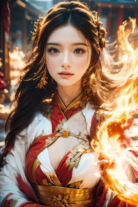 fire manipulation, chinese princess, beautiful Girl, beautiful face, detailed eyes, perfect figure, wear chinese dress (Hanfu Kimono Tang Dynasty), fire elemental, embodiment of fire, detailed lips, beautiful face, flaming body, perfect quality, full body ...