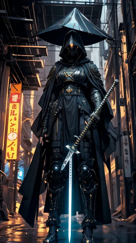 A nomadic robot, in the desert, wearing a messy shawl, holding a staff, wearing a large metal hat, rough, rusty, dusty body, thin frame, tall, cyberpunk, Cyborg., Surreal version of a woman holding a sword in her hand, very beautiful cyberpunk samurai, ani...