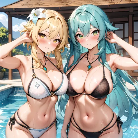 (masterpiece), (highest quality), (illustration), (super detailed), (high resolution), absurdity,2girls,(hatsune miku:1.3,green eyes),(lumine,genshin impact:1.4,gold eyes,hair flowers),poolside,looking at viewer,patterned string bikini,navel,happy,blush,cu...