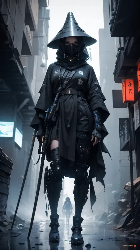 A nomadic robot, in the desert, wearing a messy shawl, holding a staff, wearing a large metal hat, rough, rusty, dusty body, thin frame, tall, cyberpunk, Cyborg., Surreal version of a woman holding a sword in her hand, very beautiful cyberpunk samurai, ani...