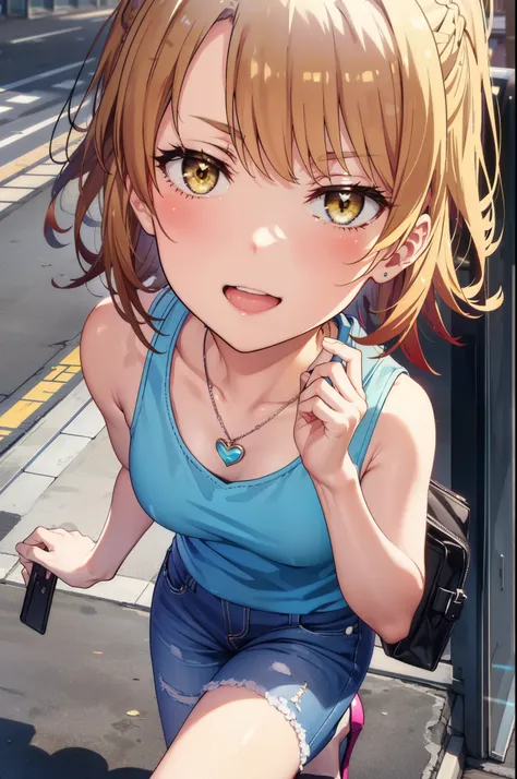 Irohaisshiki, isshiki iroha, Long Hair, Brown Hair, (Brown eyes:1.5), blush,Shoulder length and short braids,ponytail,
happy smile, smile, Open your mouth,Blue Tank Top,Heart Necklace,Skinny jeans,Stiletto heels,Daytime,Clear skies,Walking,So that the whol...