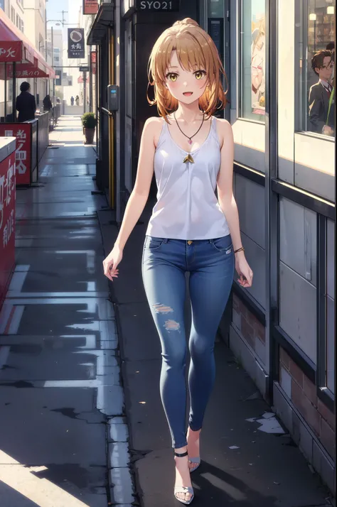 Irohaisshiki, isshiki iroha, Long Hair, Brown Hair, (Brown eyes:1.5), blush,Shoulder length and short braids,ponytail,
happy smile, smile, Open your mouth,Blue Tank Top,Heart Necklace,Skinny jeans,Stiletto heels,Daytime,Clear skies,Walking,So that the whol...