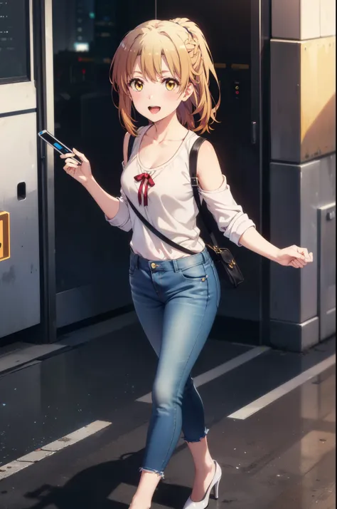 Irohaisshiki, isshiki iroha, Long Hair, Brown Hair, (Brown eyes:1.5), blush,Shoulder length and short braids,ponytail,
happy smile, smile, Open your mouth,Cold Shoulder Shirt,Skinny jeans,Stiletto heels,Daytime,Clear skies,Walking,So that the whole body go...