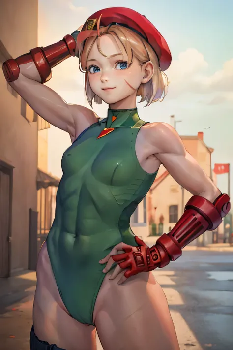 masterpiece , best quality, highres , sarah Miller ,12 years old , 1girl, (Cammy branco ) ,  blonde hair ,smug smile  , red beret, (Red Head Outfit:1.3), blue eyes, scar on cheek, green leotard, flat chest , sleeveless, red gloves, gloves  , Standing, sexy...