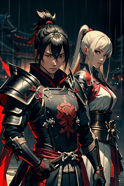 ((Best Quality)), ((Masterpiece)), (detailed), two samurai warriors, man and woman, with black armor and red details, in a dark and rainy environment