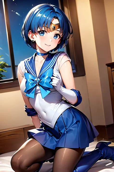 Highest quality, (masterpiece:1.2), Very detailed, 
One girl, alone,
View your viewers, smile, Medium chest, 
Water Eye, Blue Hair, short hair、Permed hair、((pantyhose))、Bedroom、((Sailor Mercury))、((Long gloveini skirt)、((Knee-high boots))、(Kneeling)