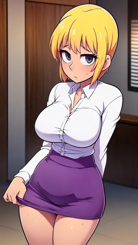 A sexy sensual woman beautiful beautiful attraction big breast long blonde yellow hair her gray eye wears a white button-down office shirt and a short purple skirt