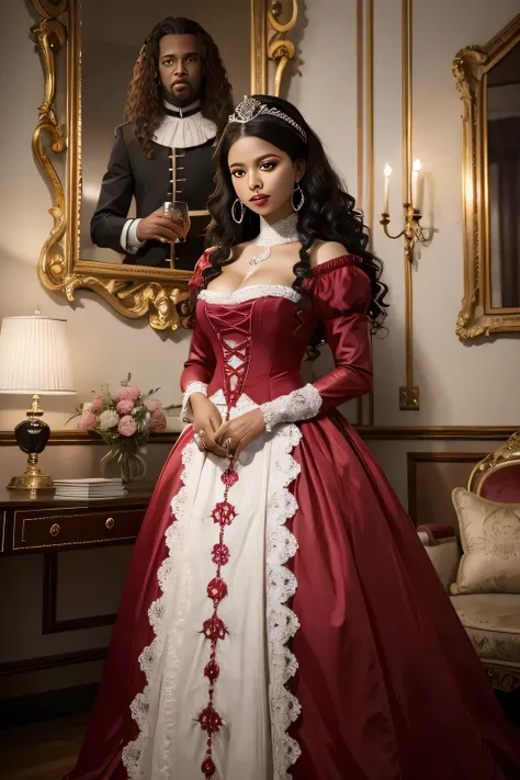 Maria Padilha with black skin, period clothing, queen dress, red long curly hair and a glass of wine in her hand