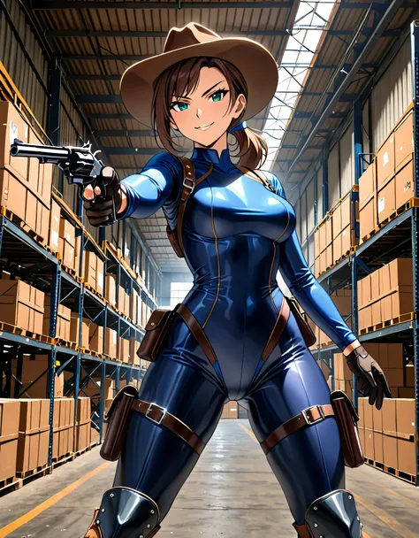 masterpiece, best quality, 1lady, solo, solo focus, (tall body), hispanic, brown hair, short hair, ponytail, blue-green eyes, medium breasts, beautiful detailed eyes, beautiful detailed face, smirk, ((brown cowboy hat)), (bodysuit, (solid blue bodysuit, le...