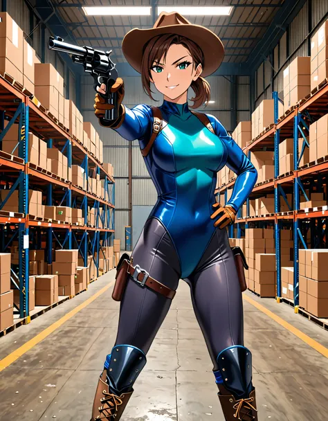 masterpiece, best quality, 1lady, solo, solo focus, (tall body), hispanic, brown hair, short hair, ponytail, blue-green eyes, medium breasts, beautiful detailed eyes, beautiful detailed face, smirk, ((brown cowboy hat)), (bodysuit, (solid blue bodysuit, le...