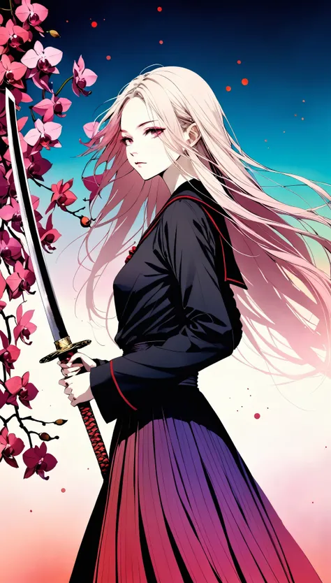 in style of Santiago Caruso:1.1), 1 Girl, Black sailor suit pleated skirt, (Blurred foreground), orchid, White long hair blowing in the wind, (((Background blur))), Red sphere background, Standing, Japanese sword, Holding a Japanese sword, (Eyes covered by...
