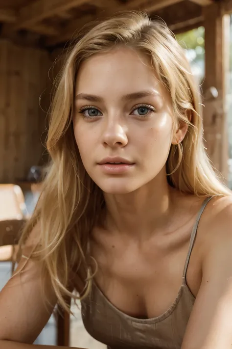 blond woman sitting at a table,19-year-old girl, remarkable detailed pupils, realistic dull skin noise, skin fuzz, dry skin, (goosebumps:0.5),facial skin fuzz,Ultra High Definition Face, Ultra High Definition Eyes, Ultra High Definition Skin, detailed skin...