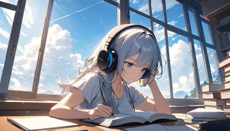 (Highest quality)A woman concentrating on her studies,Put on headphones,In front of a large window,blue sky