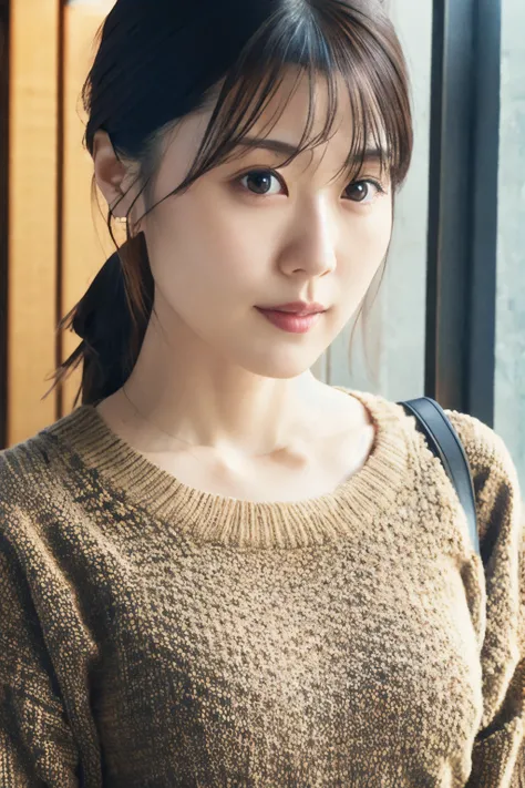 A Japanese lady, skinny figure, small breasts, extremely thin waist, beautiful face, beautiful eyes, natural make up, black hair, knit sweater, skirt, 1girl in, solo, detailed face and eyes, detailed fingers and arms. upper-body photo. Realistic, Photoreal...