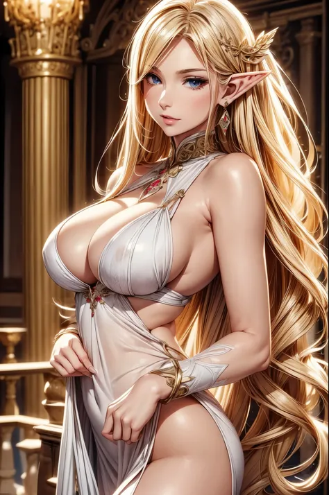 1 girl, Beautiful elf lady, blonde Long straight hair, upturn elf pointy ears, sexy figure, perfect breast, charming cleavage, very beautiful face, detailed face, delicate eyes, detailed pupil, beautiful and delicate lips, pale skin, Serious, arrogant, abs...