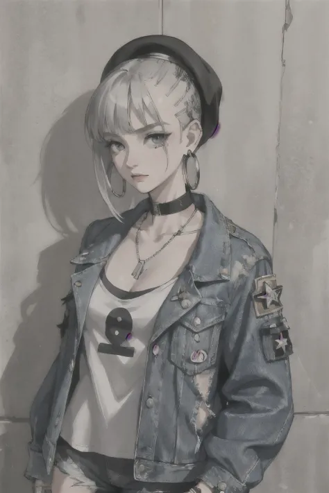 (masterpiece:1.2, Highest quality), (1 Female, alone, Upper Body:1.2), hair: Shaved head, clothing: Extra Large, Distressed denim jacket with patches and pins, Pair it with black skinny jeans and combat boots., accessories: Silver hoop earrings and a black...