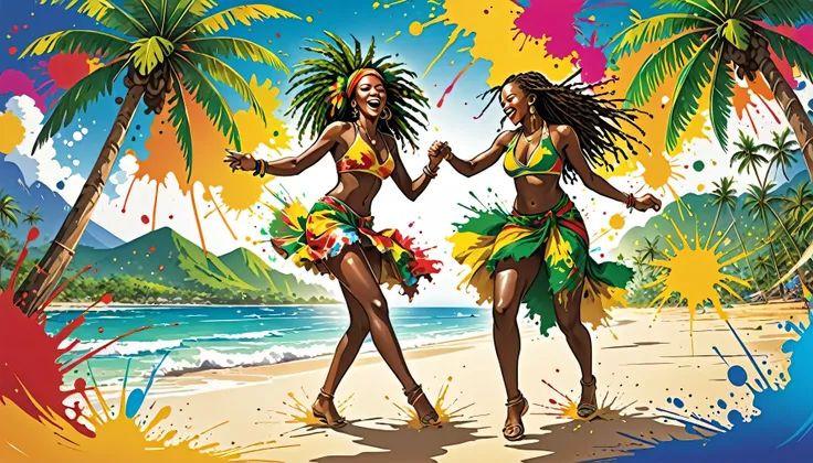 Vector art, Lots of Jamaican Reggae, Authentic Jamaican reggae music atmosphere，Color illustrations, in the center, Vibrant colors, Paint splatters and stains, High detail, 
Palm tree,dancing、beach