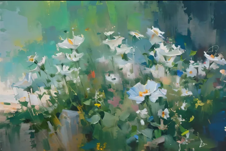 A bunch of flowers，The background is green, Impressionist Oil painting style，Floral still life，Gives a feeling of relaxation and healing，Simplified shapes and vibrant colors，（Oil painting style，Oil painting brush strokes：1.4）Create a modern romantic style，...