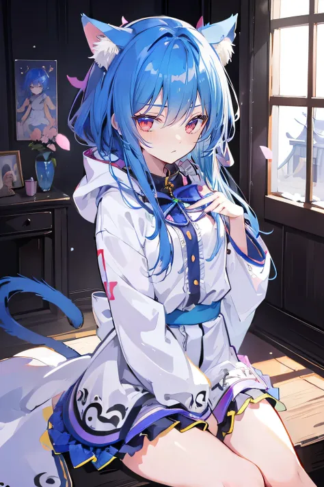 （masterpiece：1.2），Super detailed，lifelike，Expressive eyes，fair skin，perfect face shape，1 girl，
Japanese comics,Gorgeous blue hair,flowing blue hair,flowing clothes,Cat ears,Petals fall,beautiful lola,Baby Angel,
Shaking head with one hand，Cross your legs，G...