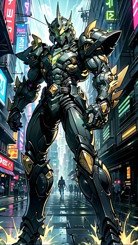 (masterpiece:1.5, best quality:1.5, extremely delicate:1.5, perspective:1.5, foreshortening:1.5, dynamic angle:1.5), a man wearing a full-face helmet, a fantasy-style biotech armored combat suit, green eyes, (a composite layered chest armor), fully enclose...