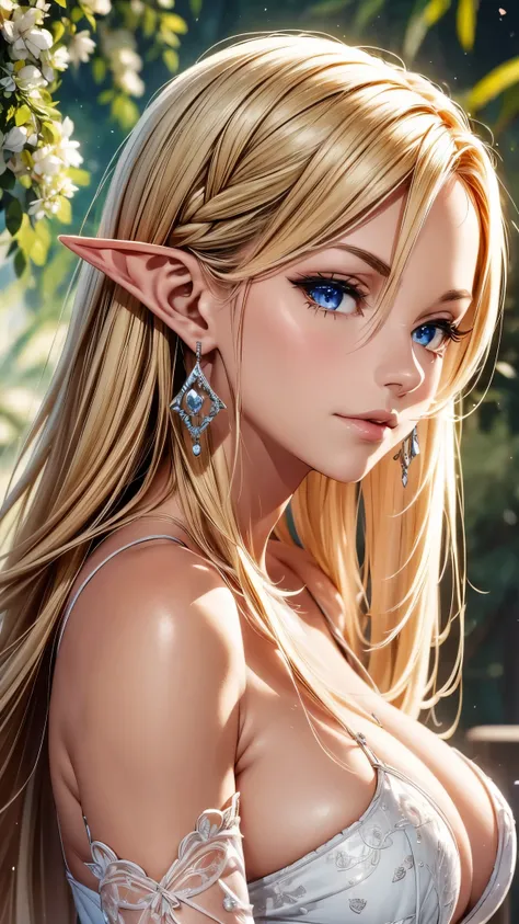 1 girl, Beautiful elf lady, begie blonde Long straight hair, upturn elf pointy ears, sexy figure, perfect breast, charming cleavage, very beautiful face, detailed face, delicate eyes, detailed pupil, beautiful and delicate lips, pale skin, Serious, arrogan...