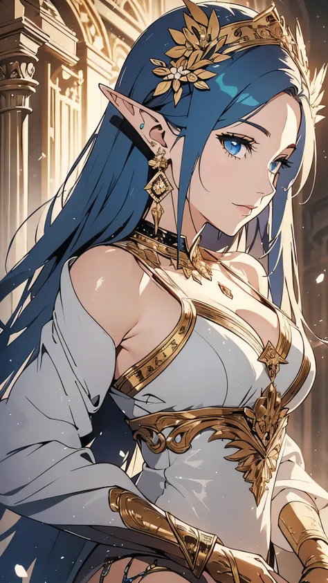 1 girl, Beautiful elf lady, begie blue Long straight hair, upturn elf pointy ears, sexy figure, charming cleavage, very beautiful face, detailed face, delicate eyes, detailed pupil, beautiful and delicate lips, pale skin, Serious, arrogant, absurd, gorgeou...